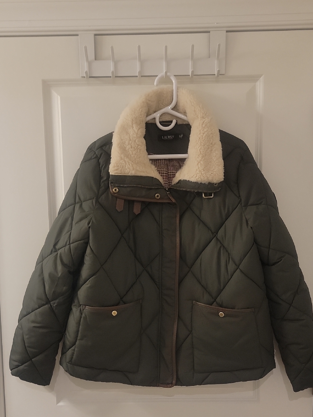 Lauren Ralph Lauren Olive Quilted Puffer Jacket with Cream Shearling Collar